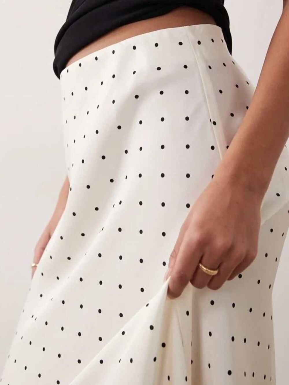 Olive & Oak Ivory Black Polka Dot Satin Midi Slip Skirt